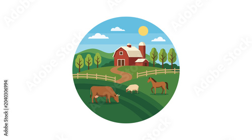 Tableau sur toile Cow Grazing in Green Pasture Field.
