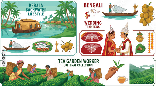 Obraz na płótnie South Asian Cultural Vector Set Featuring Kerala Backwaters, Bengali Wedding Traditions And Tea Garden Worker Lifestyle Illustrations