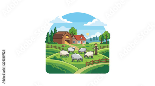 Canvas Print Sheep Grazing in Green Field Outdoors.