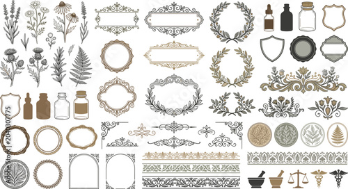 Photos Vintage Botanical Ornament Vector Collection Featuring Herbal Illustrations, Decorative Frames, Apothecary Labels And Elegant Floral Borders
