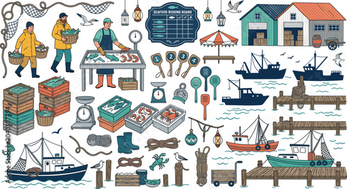 Cuadro en lienzo Vintage Fishing Harbor Vector Collection Featuring Seafood Market Workers, Wooden Boats, Dock Equipment And Coastal Village Elements