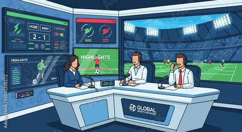 Sports commentators discussing live football match in a broadcast studio.