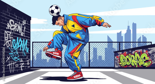 Foto Dynamic male athlete performing freestyle football tricks.