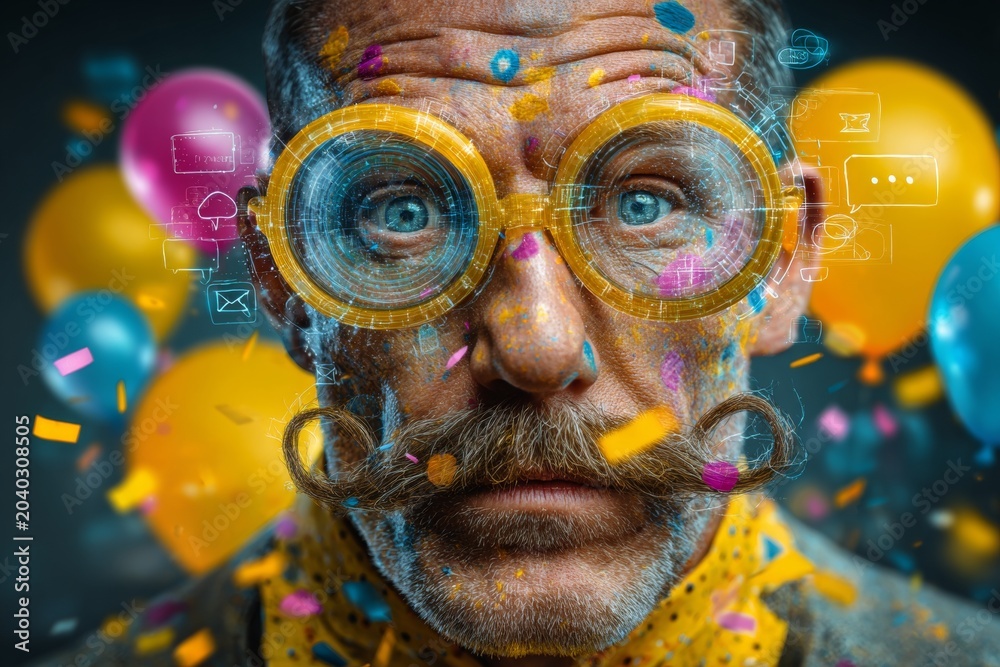 Fototapeta premium Cheerful celebration with silly mask and bright colors. Digital society network. Exaggerated features in a silly celebration scene for april fool's day. Digital interaction icon.
