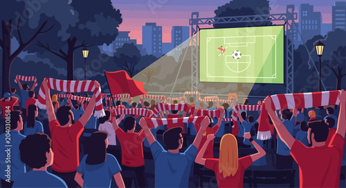 Slika na platnu Crowd of fans watching a sports game on a large outdoor screen at night