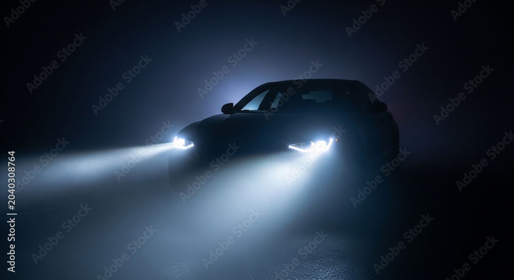 Obraz premium Car headlights illuminating a dark smoky environment, creating a moody atmosphere perfect for luxury auto and dramatic driving concepts
