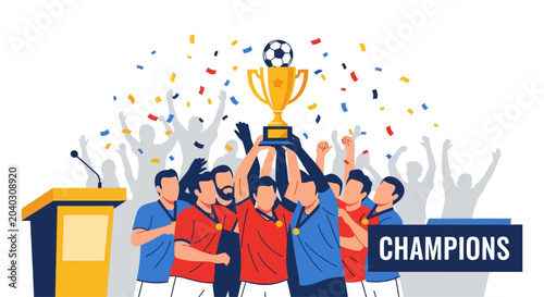Photos Soccer team celebrating championship victory with a golden trophy