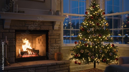 Warm Living Room with Glowing Fireplace and Christmas Tree