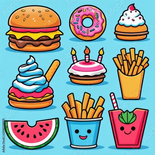Colorful cartoon food set with happy faces