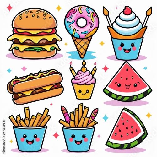 Cute cartoon food set with happy faces