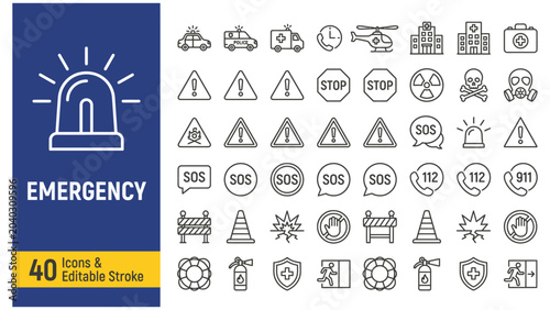 Emergency web icons in line style. Evacuation, SOS emergency call, ambulance, help, emergency hotline, exit, collection. Editable stroke.  Vector illustration.
