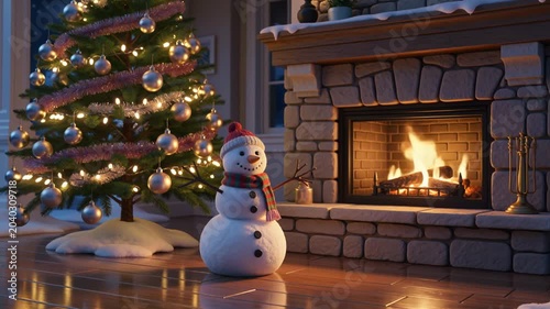 Cozy Holiday Interior with Christmas Tree Snowman and Fireplace
