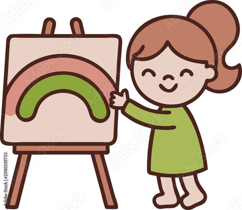 Cute cartoon girl painting a colorful rainbow on a canvas on an easel