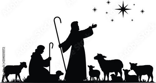 Foto Nativity shepherds silhouette vector, Christmas scene with sheep and guiding sta