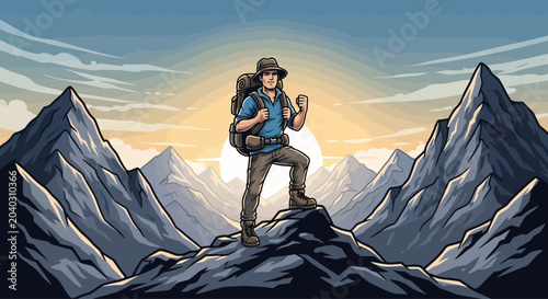 Slika na platnu Man standing on mountain peak triumphantly.