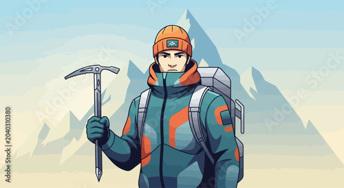 Man wearing orange and blue climbing gear.