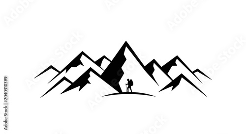 Hiker standing on mountain peak silhouette.