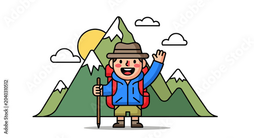 Bild auf Leinwand Cartoon man hiking with backpack.