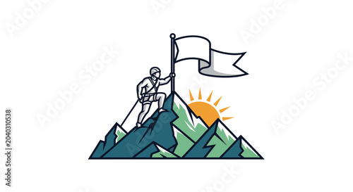 Bilde på lerret Man Holding Blank Flag on Mountain.