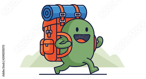 Konstfotografi Green cartoon character with hiking backpack.