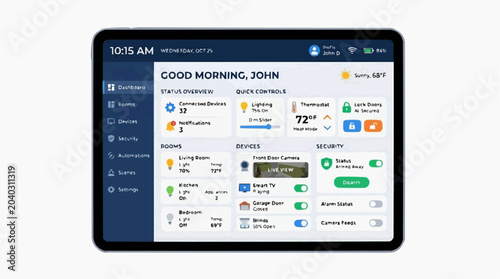 Smart Home Control Tablet: A tablet displays a comprehensive smart home interface, showcasing temperature control, lighting adjustment, security system status, and device management.
