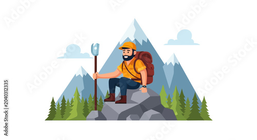 Bearded male hiker with backpack and walking stick.