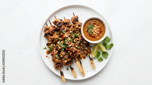 Chicken Satay Plate Top View Grilled Chicken Satay Skewers Arranged On White Round Plate Pure White Background Rich Grilled Texture Gourmet Asian Cuisine Presentation
