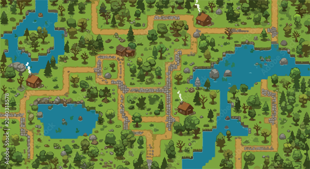 Fototapeta premium Pixel art forest map with wooden cabins and winding paths, retro 8-bit game world landscape, green woodland environment with blue lakes