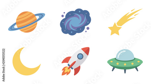 Colorful flat vector illustration set featuring cute cosmic elements including a planet a rocket and a glowing shooting star