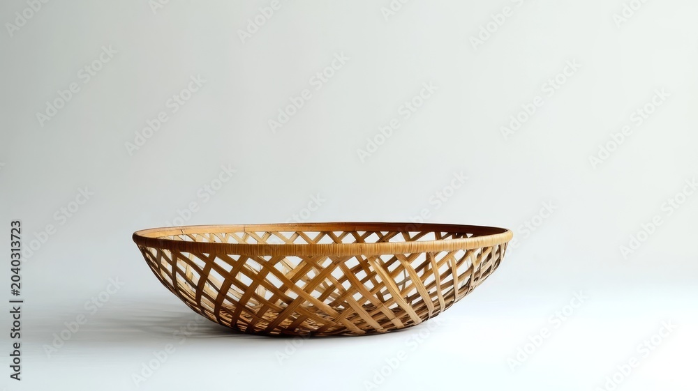 Obraz premium Minimalist woven rattan basket bowl decorative tabletop accessory for modern home interior design and natural decor.