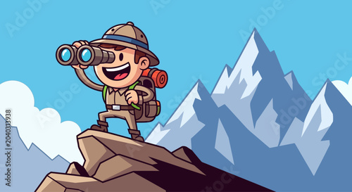 Quadro em tela Cartoon girl with binoculars on mountain.