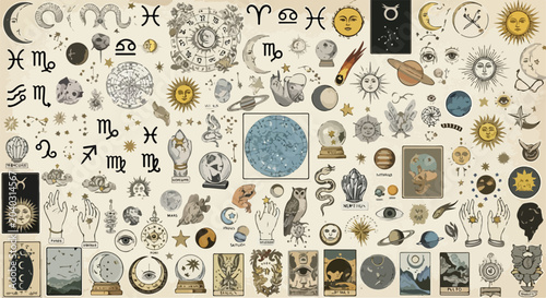 Fotografija Vintage celestial astrology vector set, mystical zodiac signs and occult alchemy