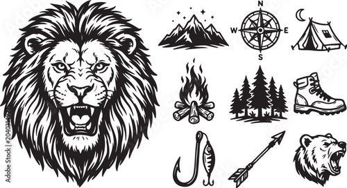 Wild Adventure Lion Camping Wilderness Survival Vector Icons