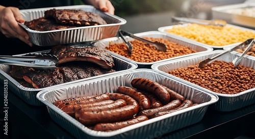 Fresh grilled sausages and beans in metal catering trays for a buffet or outdoor barbecue party event