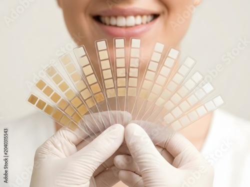 Gloved hands holding skin tone shade guide strips in front of smiling woman face close up