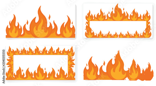 Photography Cartoon fire flames border set, orange blazing fire frames and horizontal bonfir