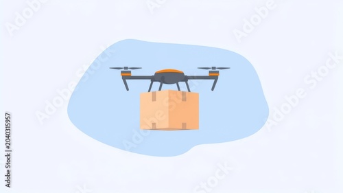 Drone delivering cardboard package illustration for modern logistics concept and fast shipping services.