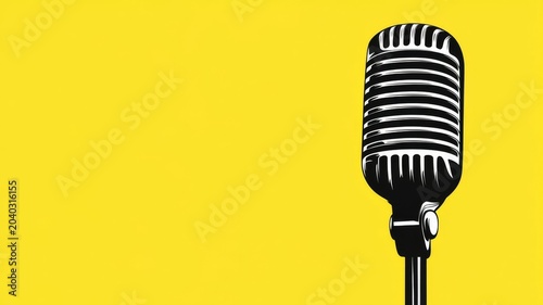 Classic retro studio microphone isolated against bright yellow background wallpaper concept design.