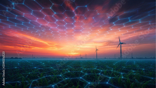 Digital Grid Over Wind Turbines at Sunset: An artistic representation of a digital network overlaying a field of wind turbines during a vibrant sunset.