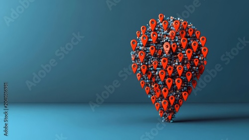 Abstract 3d map pin cluster forming large navigation pointer symbol concept illustration.