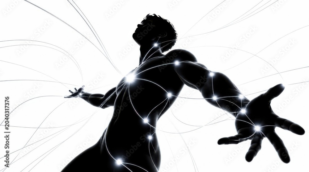 Obraz premium Silhouette of a human figure with glowing network connections and outstretched arms on white background.