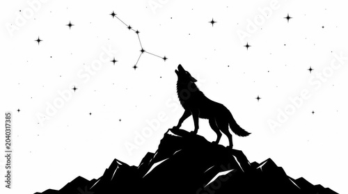 Silhouette of a howling wolf on a mountain peak under a starry sky constellation.