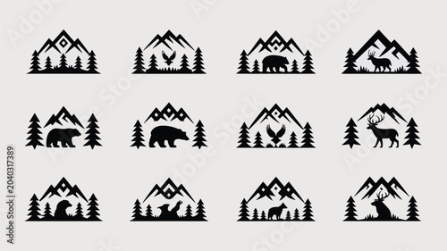 Canvas Print Set of wild animals in mountain forest, wildlife outdoor, nature landscape, deer bear forest