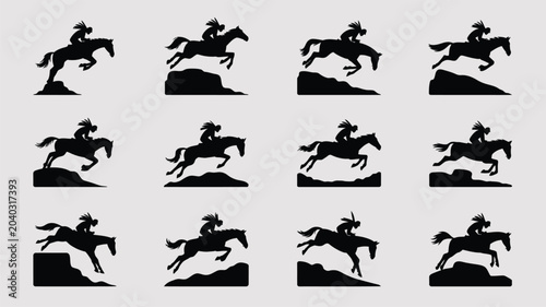 Bild auf Leinwand Set of horse racing silhouettes, equestrian sport jumping animal, jockey rider horse racing