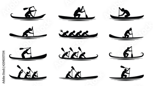 Foto Traditional rowing silhouettes with native people in longboats across water surface pack
