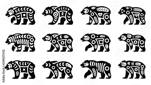 Northwest coastal style bear silhouettes with intricate tribal line art patterns on white.