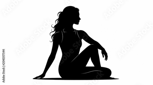Silhouette of a woman practicing yoga seated twist pose isolated on white background.