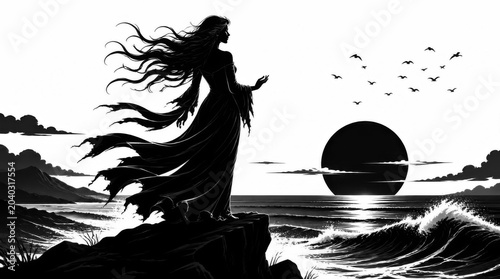 Silhouette of a woman standing on a cliff overlooking the ocean at sunset.