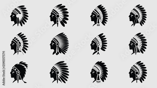 Konstfotografi Native american chieftain profile vector set, traditional headdress and feathers illustration