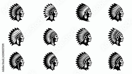 Konstfotografi Native american chieftain profile vector set, traditional headdress and feathers with ornaments